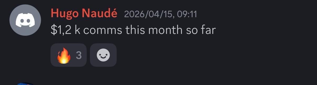 Hugo — $1.2k comms this month so far