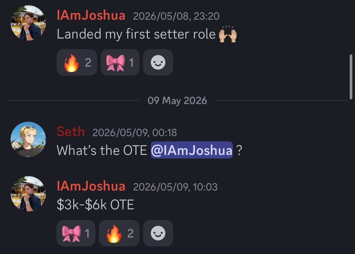 Joshua — Landed first setter role, $3k-$6k OTE