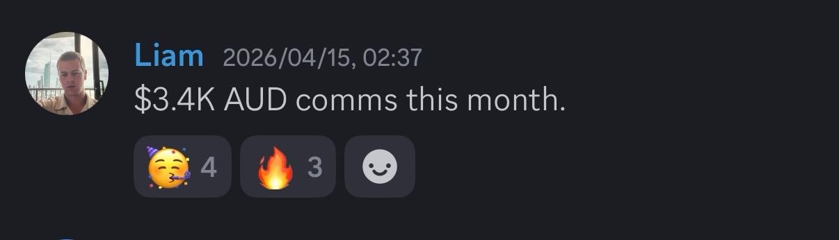 Liam — $3.4K AUD comms this month