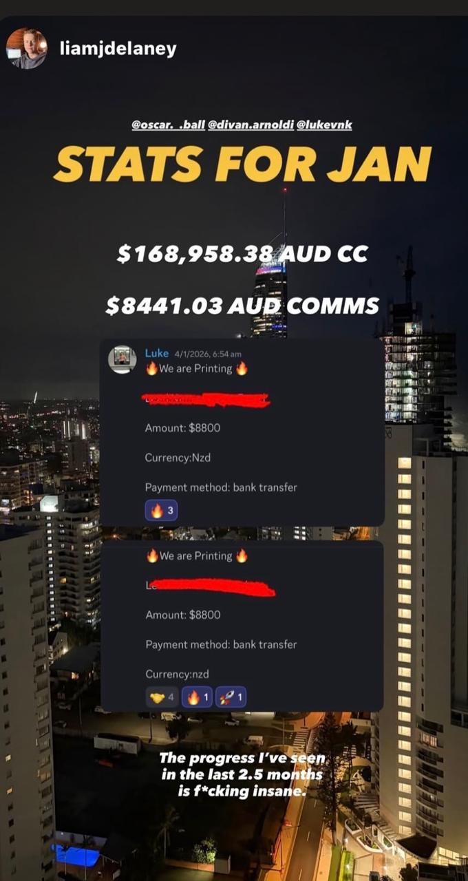 Liam — $168K AUD cash collected, $8.4K comms in January
