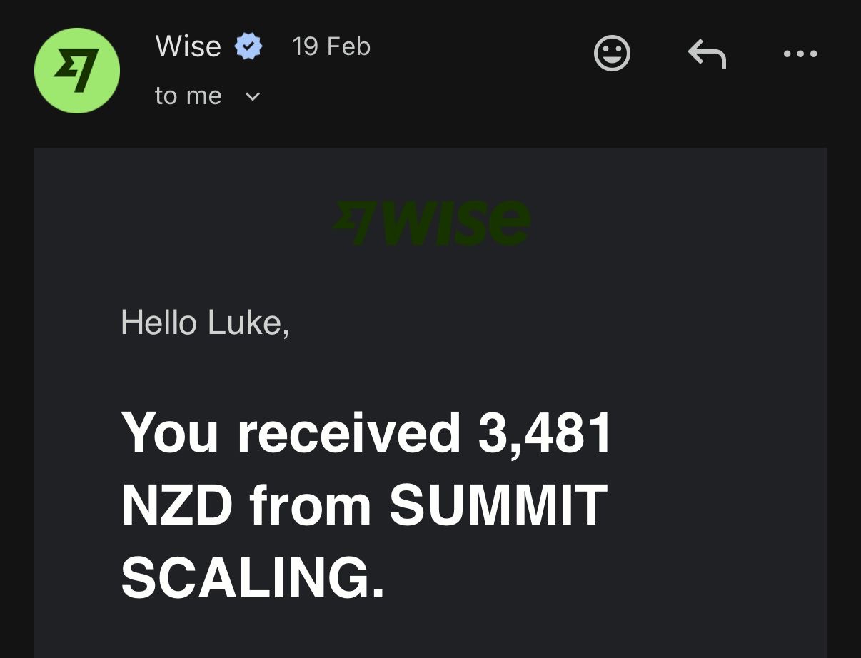 Wise — Received 3,481 NZD from Summit Scaling